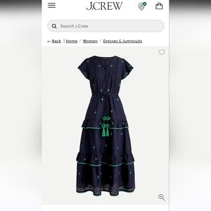 J Crew Embroidered Navy Dress with Green Accents